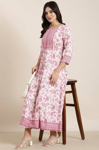 women's calf length round neck pink floral anarkali kurta
