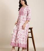 women's calf length round neck pink floral anarkali kurta