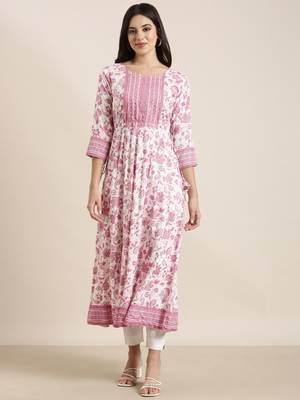 women's calf length round neck pink floral anarkali kurta 2