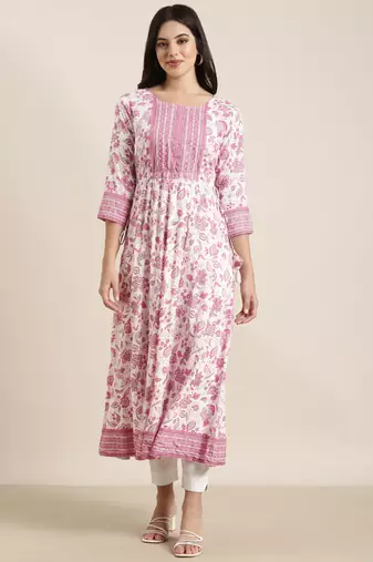women's calf length round neck pink floral anarkali kurta