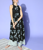 women black cotton floral printed a-line kurta