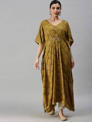 Showoff women's calf length v-neck green ethnic motifs kaftan kurta 2