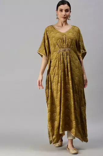 Showoff women's calf length v-neck green ethnic motifs kaftan kurta