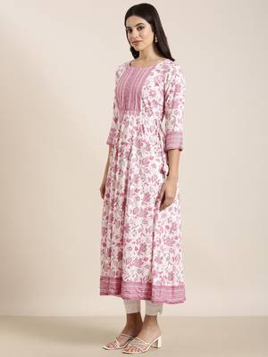 women's calf length round neck pink floral anarkali kurta 3