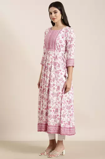 women's calf length round neck pink floral anarkali kurta