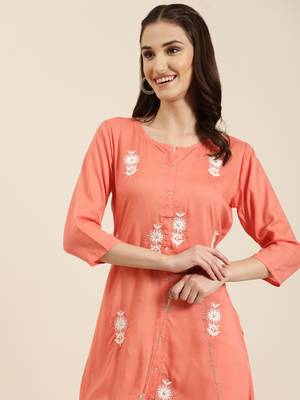 women's calf length round neck coral floral a-line kurta 1