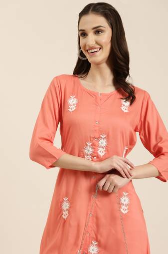 women's calf length round neck coral floral a-line kurta