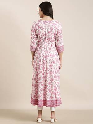 women's calf length round neck pink floral anarkali kurta 4