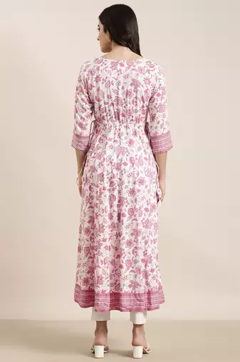 women's calf length round neck pink floral anarkali kurta