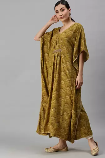 Showoff women's calf length v-neck green ethnic motifs kaftan kurta