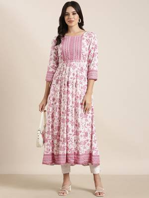 women's calf length round neck pink floral anarkali kurta 5