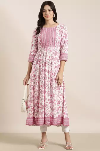 women's calf length round neck pink floral anarkali kurta