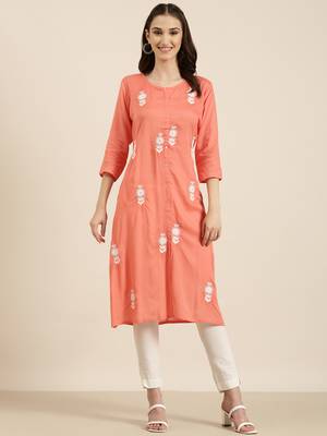 women's calf length round neck coral floral a-line kurta 2