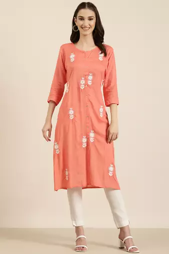 women's calf length round neck coral floral a-line kurta