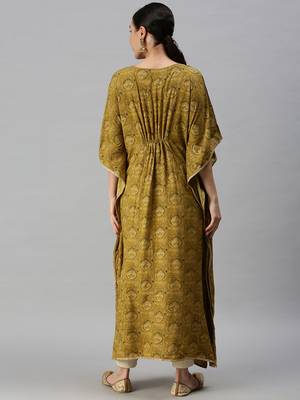 Showoff women's calf length v-neck green ethnic motifs kaftan kurta 4