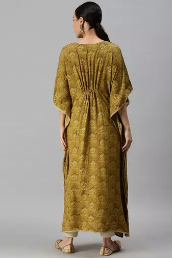 Showoff women's calf length v-neck green ethnic motifs kaftan kurta