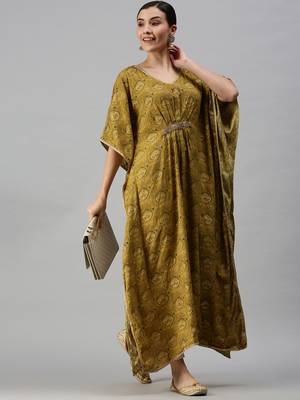 Showoff women's calf length v-neck green ethnic motifs kaftan kurta 5