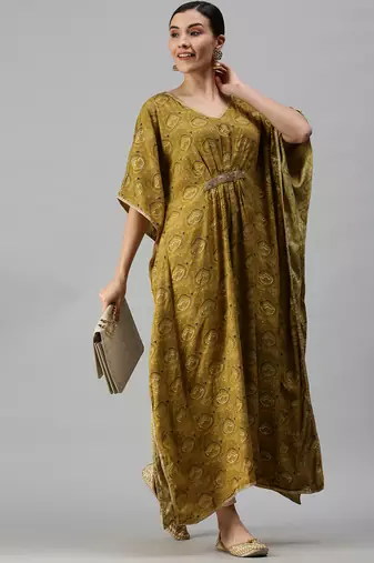 Showoff women's calf length v-neck green ethnic motifs kaftan kurta