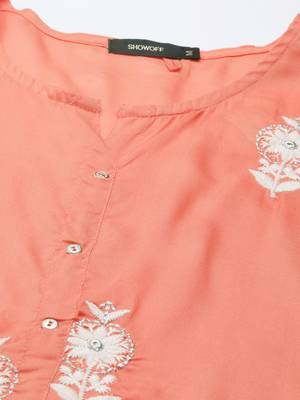 women's calf length round neck coral floral a-line kurta 3