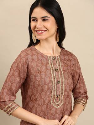 women's calf length round neck brown paisley straight kurta 1