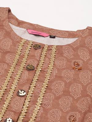 women's calf length round neck brown paisley straight kurta 2