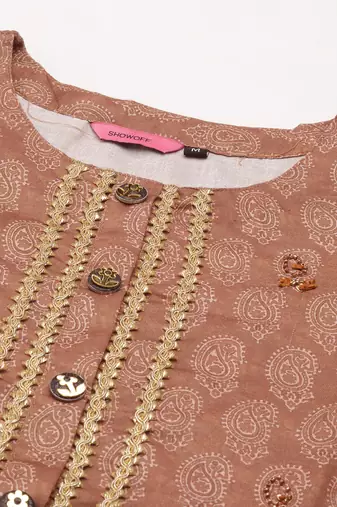 women's calf length round neck brown paisley straight kurta