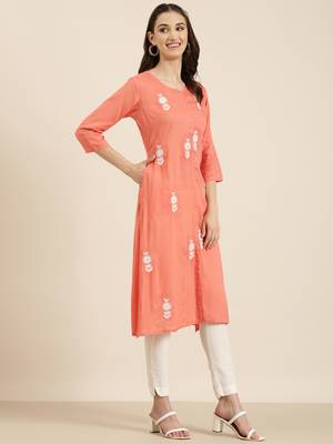 women's calf length round neck coral floral a-line kurta 4