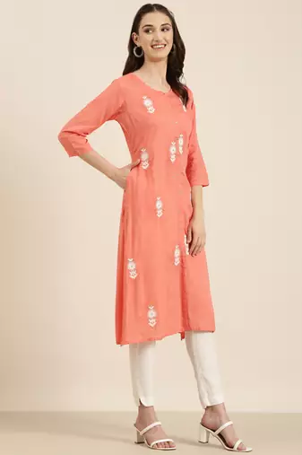 women's calf length round neck coral floral a-line kurta
