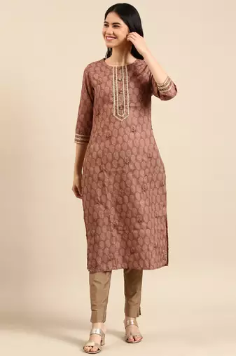 women's calf length round neck brown paisley straight kurta