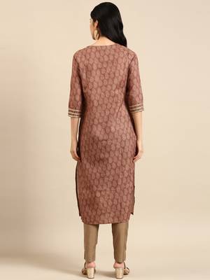 women's calf length round neck brown paisley straight kurta 5