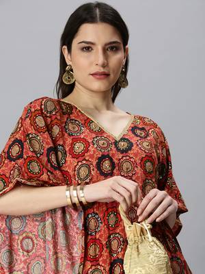 Showoff women's calf length v-neck coral quirky kaftan kurta 1