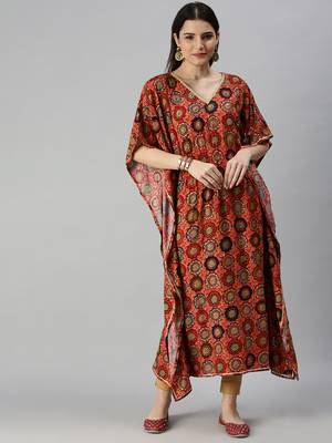 Showoff women's calf length v-neck coral quirky kaftan kurta 2