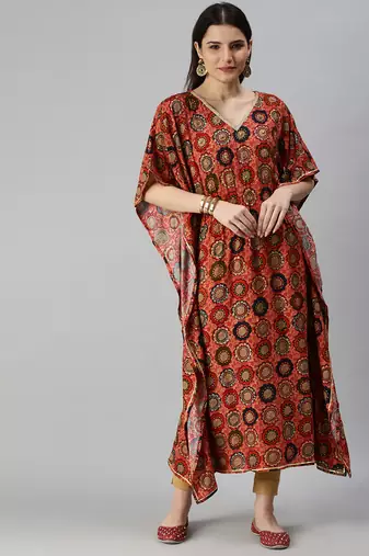 Showoff women's calf length v-neck coral quirky kaftan kurta