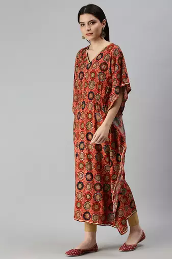 Showoff women's calf length v-neck coral quirky kaftan kurta