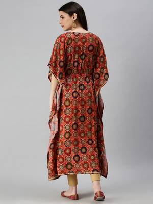 Showoff women's calf length v-neck coral quirky kaftan kurta 4