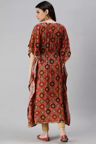 Showoff women's calf length v-neck coral quirky kaftan kurta