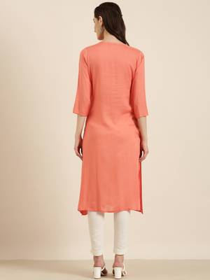 women's calf length round neck coral floral a-line kurta 5