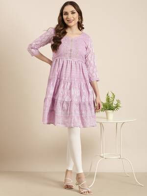 women's knee length round neck lavender ethnic motifs a-line kurta 1