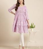 women's knee length round neck lavender ethnic motifs a-line kurta