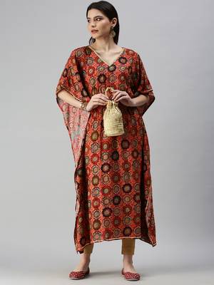 Showoff women's calf length v-neck coral quirky kaftan kurta 5