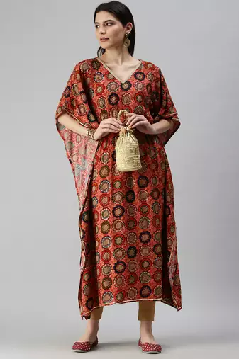 Showoff women's calf length v-neck coral quirky kaftan kurta
