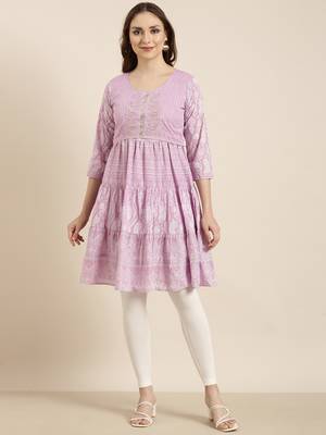 women's knee length round neck lavender ethnic motifs a-line kurta 2