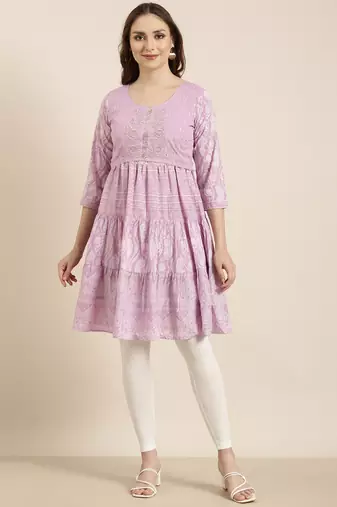 women's knee length round neck lavender ethnic motifs a-line kurta