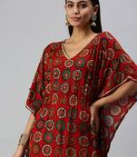 women's calf length v-neck red quirky kaftan kurta