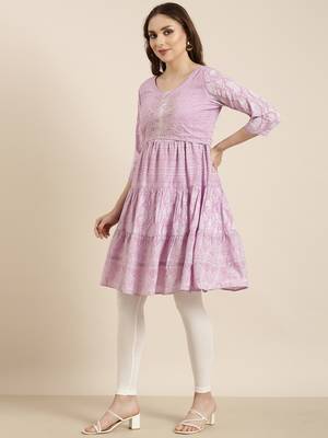 women's knee length round neck lavender ethnic motifs a-line kurta 3