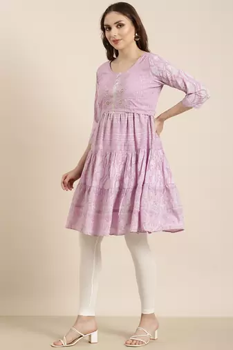 women's knee length round neck lavender ethnic motifs a-line kurta