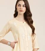 women's calf length round neck peach floral a-line kurta