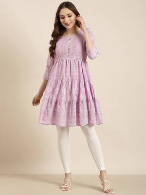 women's knee length round neck lavender ethnic motifs a-line kurta 5