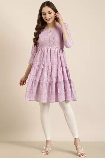 women's knee length round neck lavender ethnic motifs a-line kurta