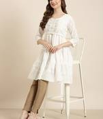 women's knee length round neck off white ethnic motifs a-line kurta